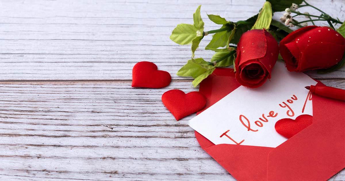 Valentine's Day card and flowers