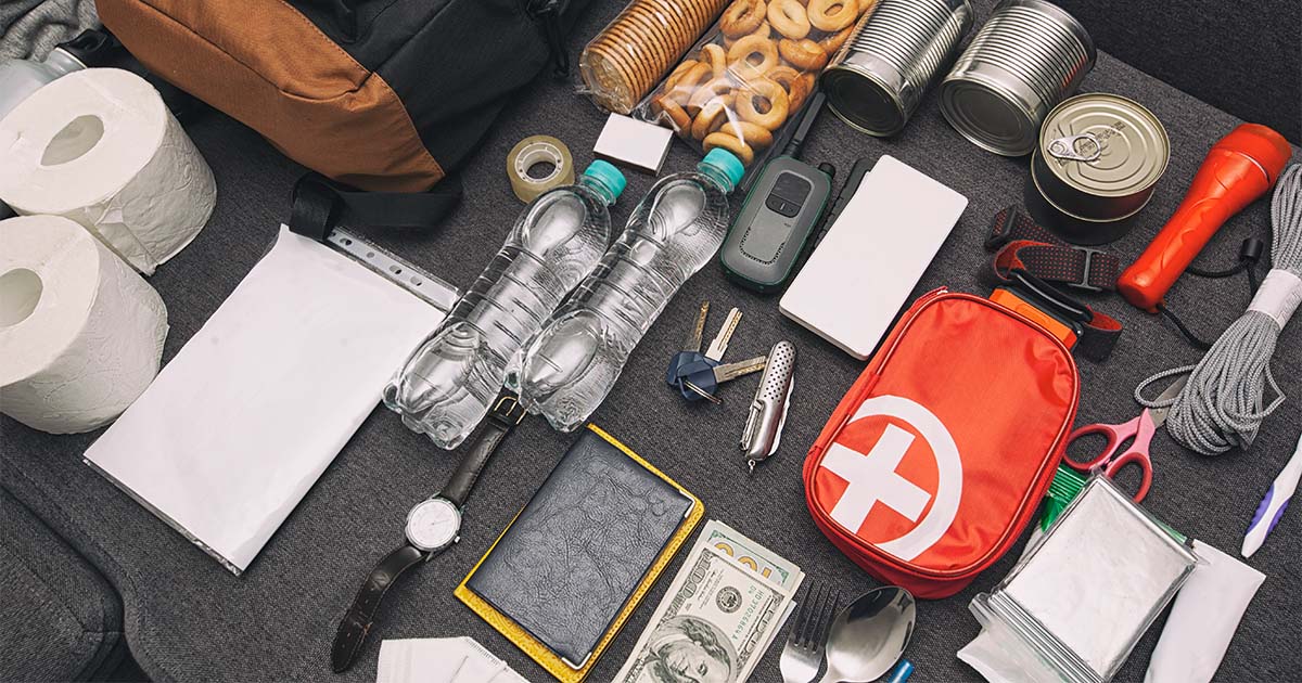 Emergency kit items spread out on table