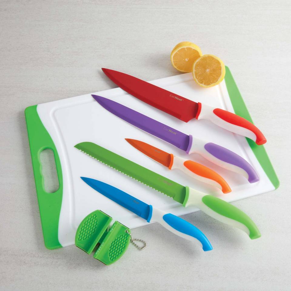EATNEAT EatNeat 12-Piece Colorful Kitchen Knife Set - 5 Colored Stainless  Steel Knives with Sheaths, Cutting Board, and a Sharpener - Ra
