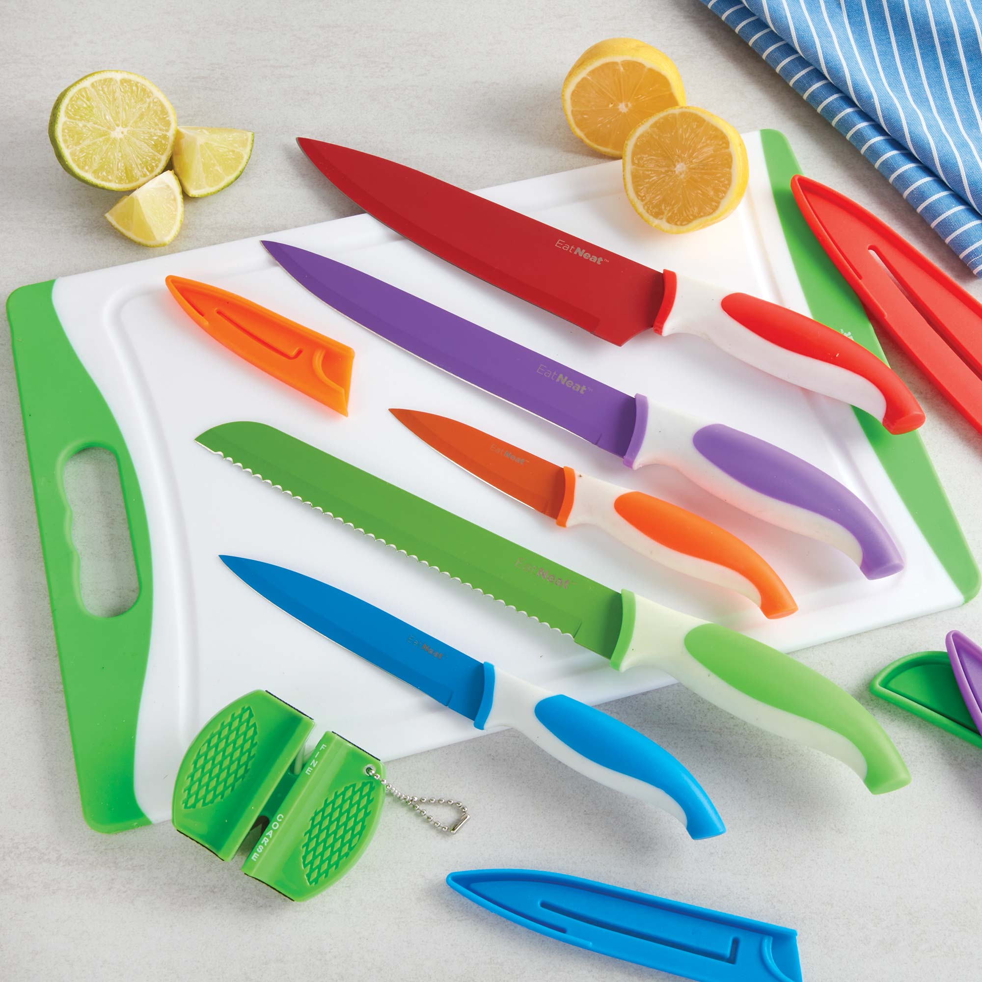 EATNEAT EatNeat 12-Piece Colorful Kitchen Knife Set - 5 Colored Stainless  Steel Knives with Sheaths, Cutting Board, and a Sharpener - Ra