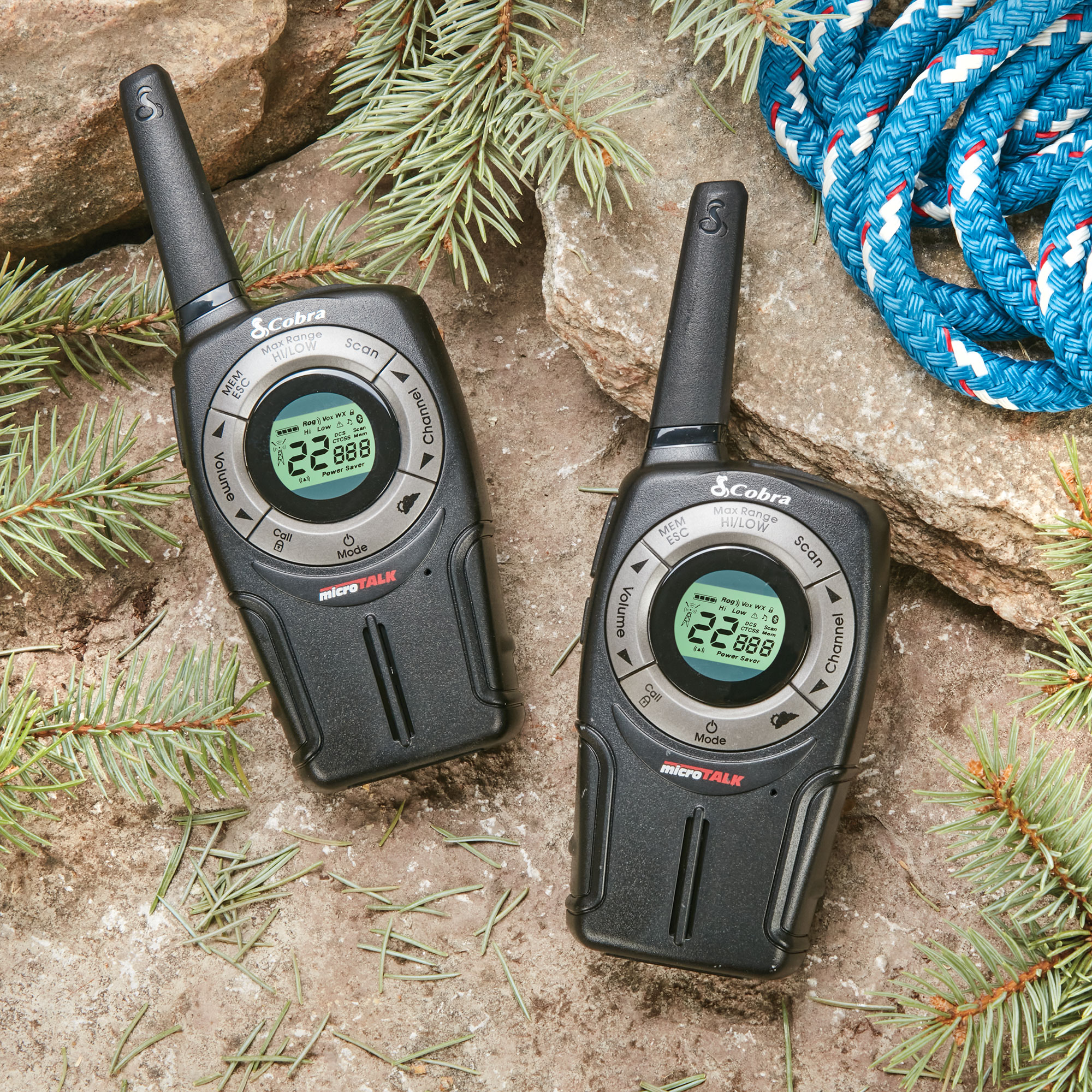 Cobra 2-Way Radio with Bluetooth - 2 Pack with VOX, 2 Micro USB Charging Base, and Belt Clip