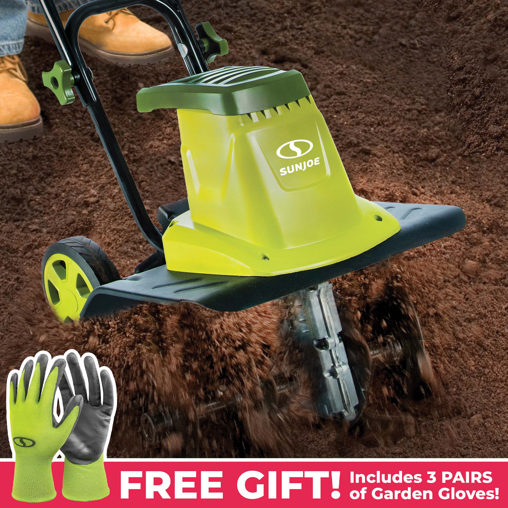 Sun Joe TJ602E Electric Tiller with 3-Pack Gloves