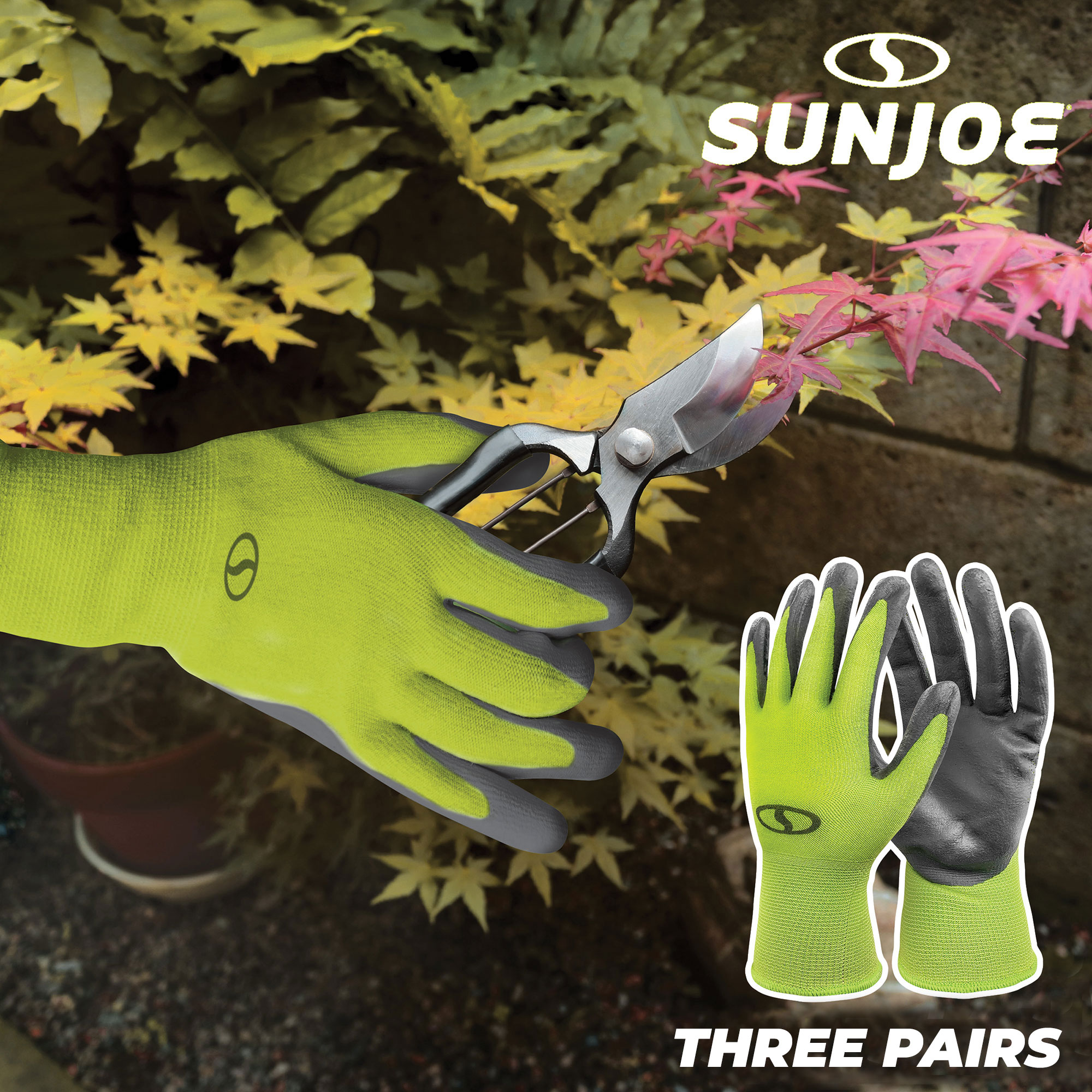 Sun Joe Nitrile-Palm Reusable/Washable Gloves for Gardening, DIY Work, Cleaning, & More - 3 Pack