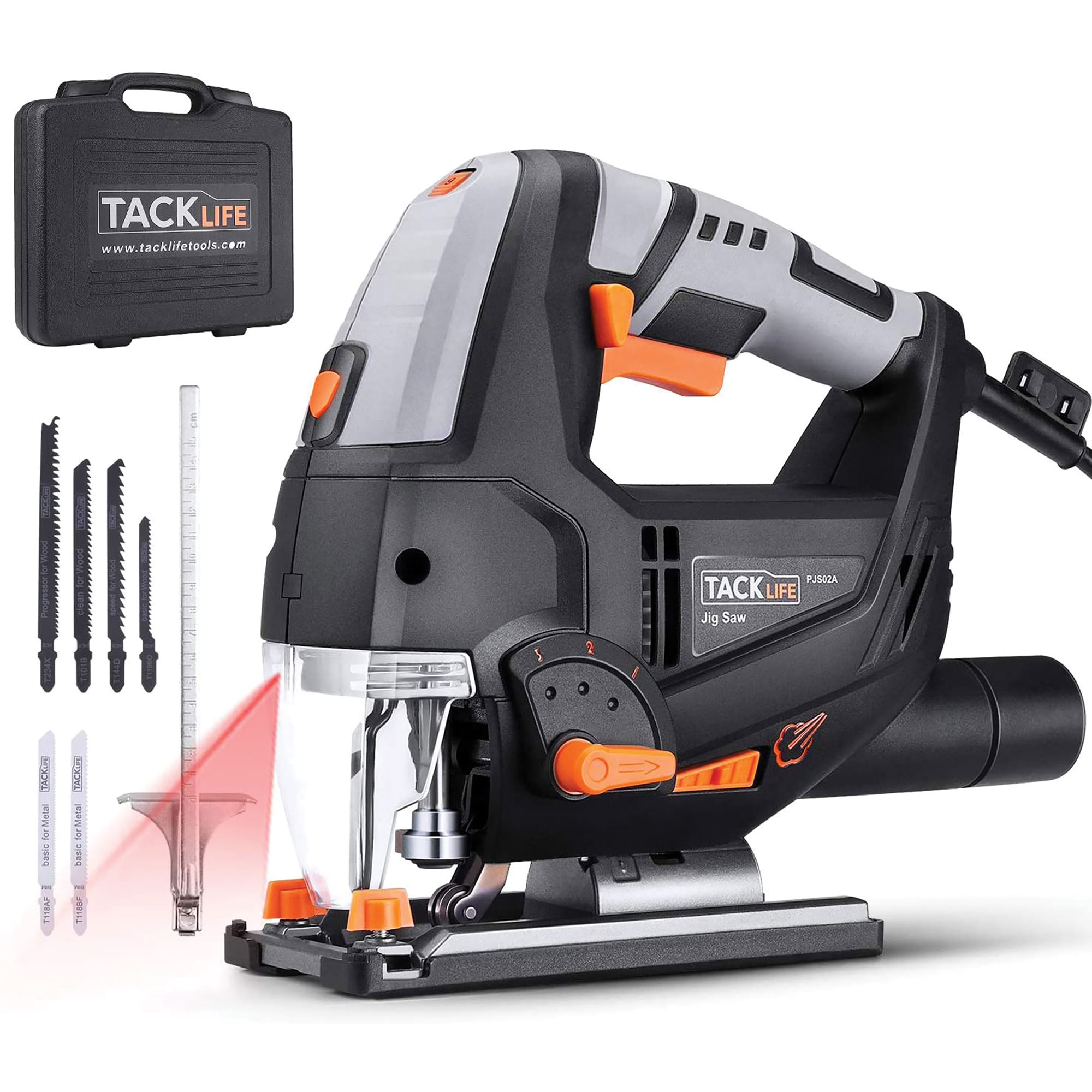 TACKLIFE Laser-Guided Jigsaw with Carry Case, Allen Wrench, 6 FREE Blades