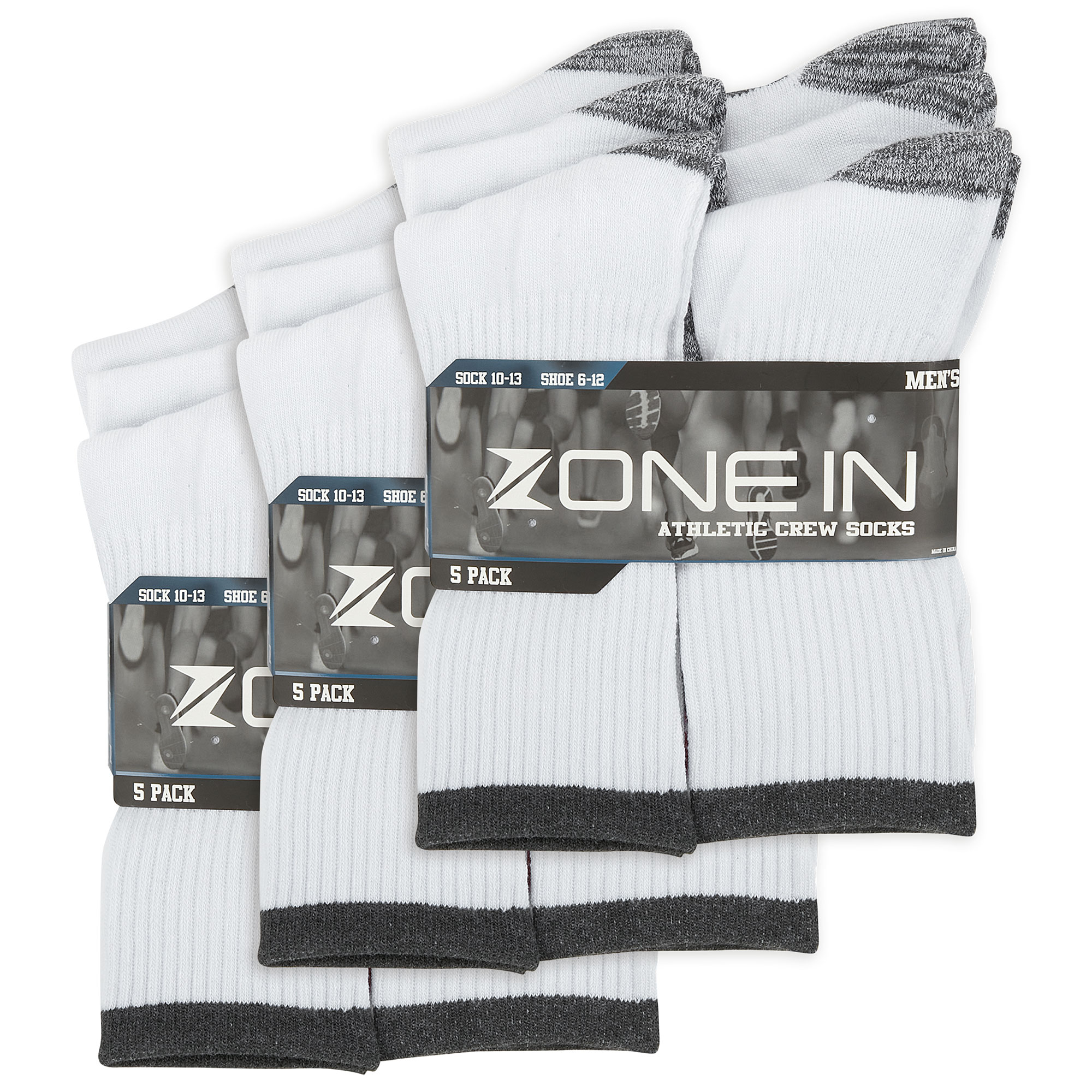 Zone-In Men's White Crew Socks - 15 Pack