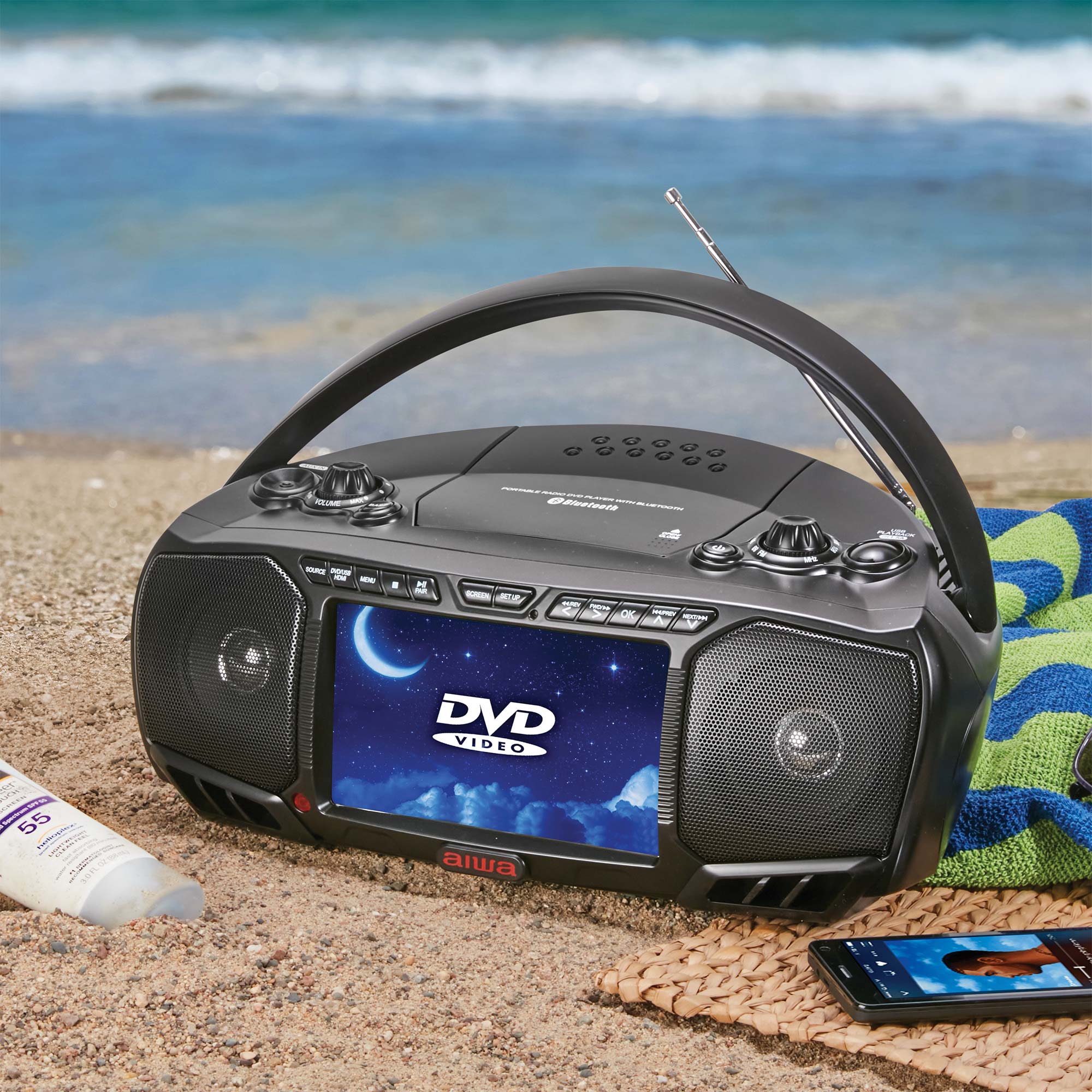 Aiwa Portable Boombox w/ DVD Player, FM, Bluetooth - Black