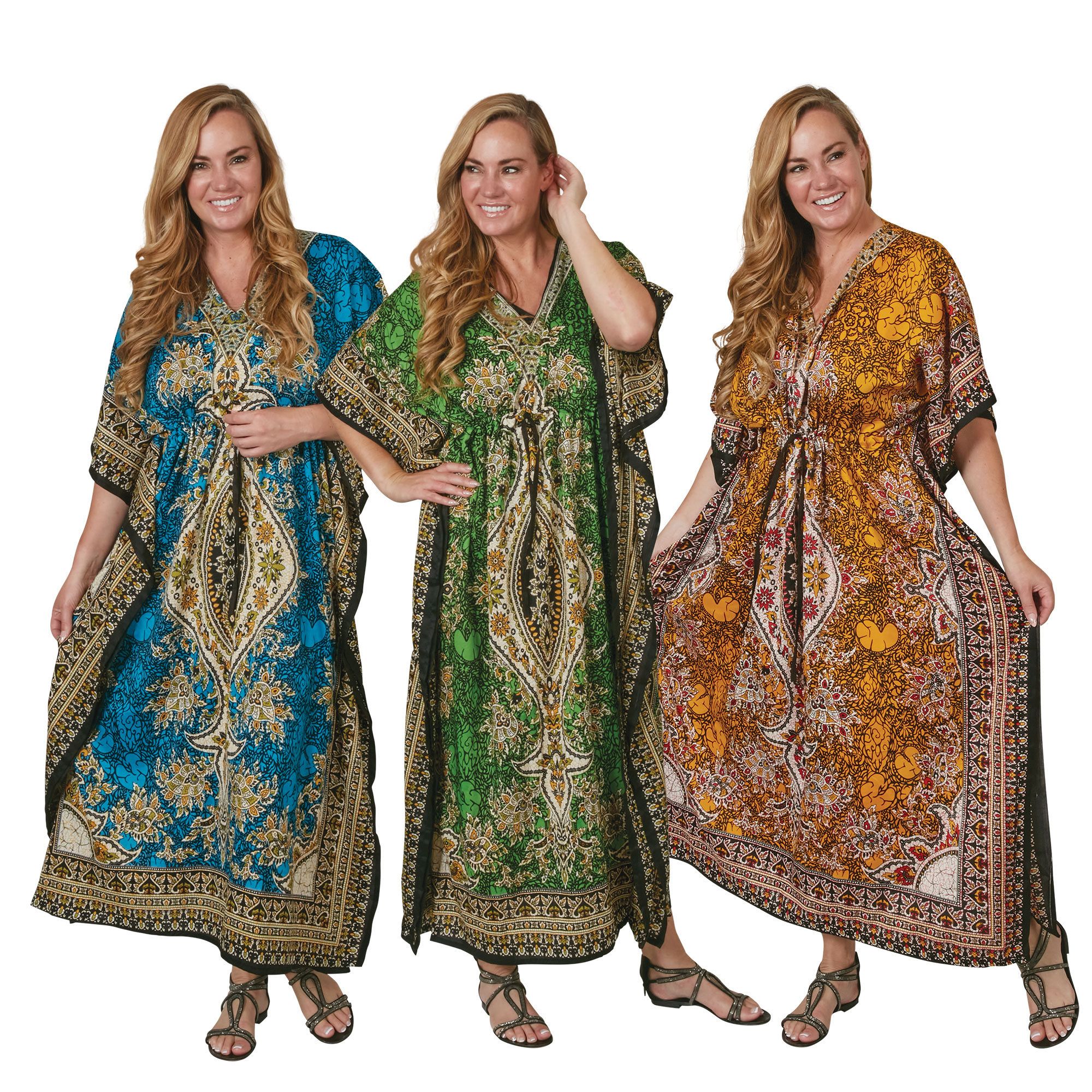 Women's Drawstring-Waist Caftans - 3 Pack