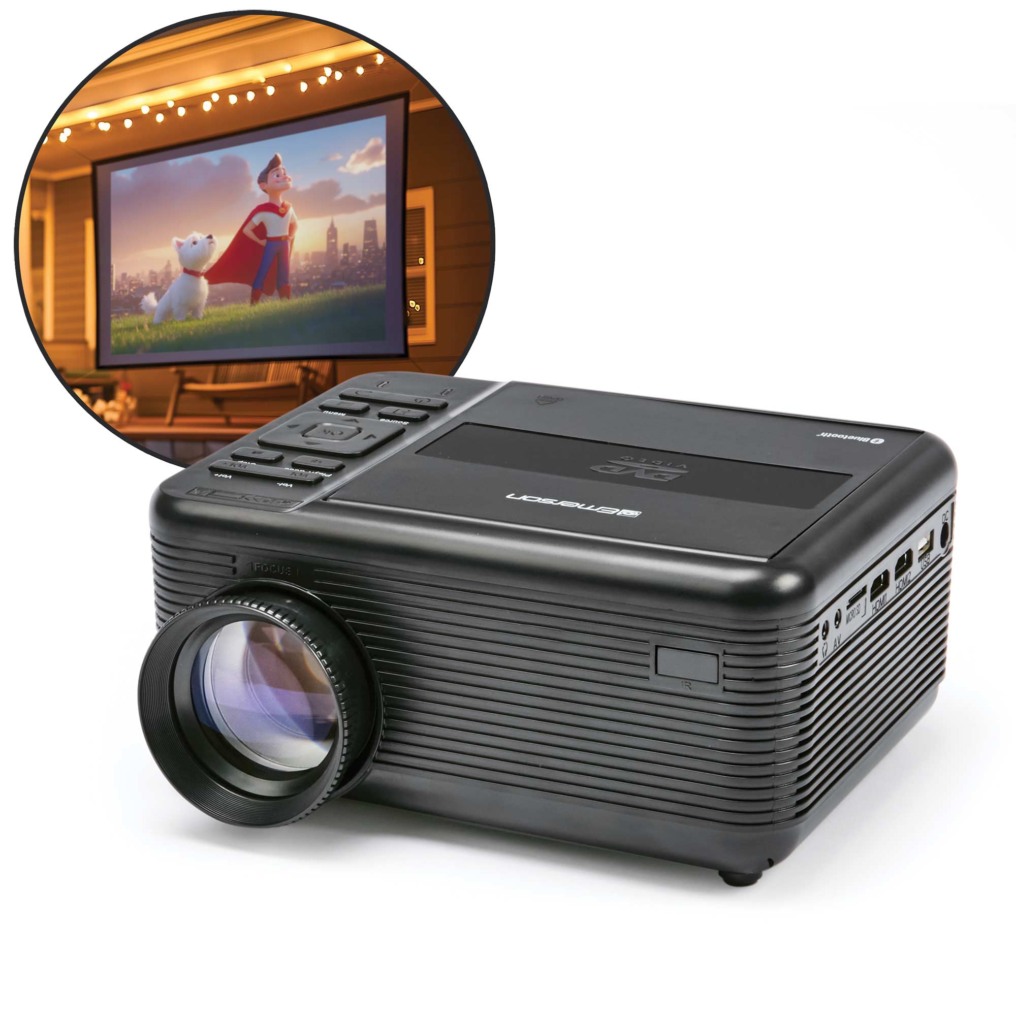 Emerson 150" Portable Projector w/ Built-in DVD Player for Movies & Presentations