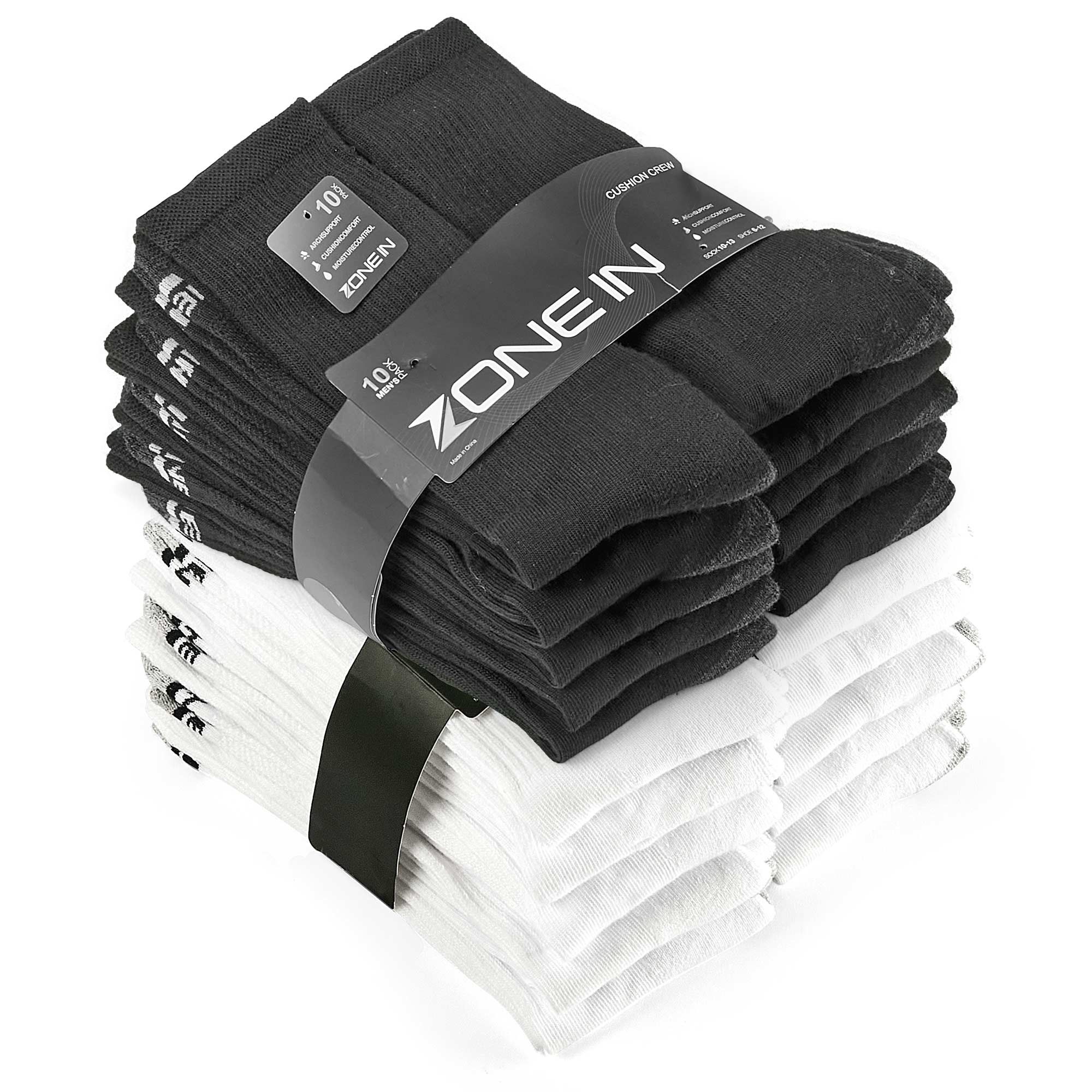 Cushioned Crew Socks - 20 Pack White/Black