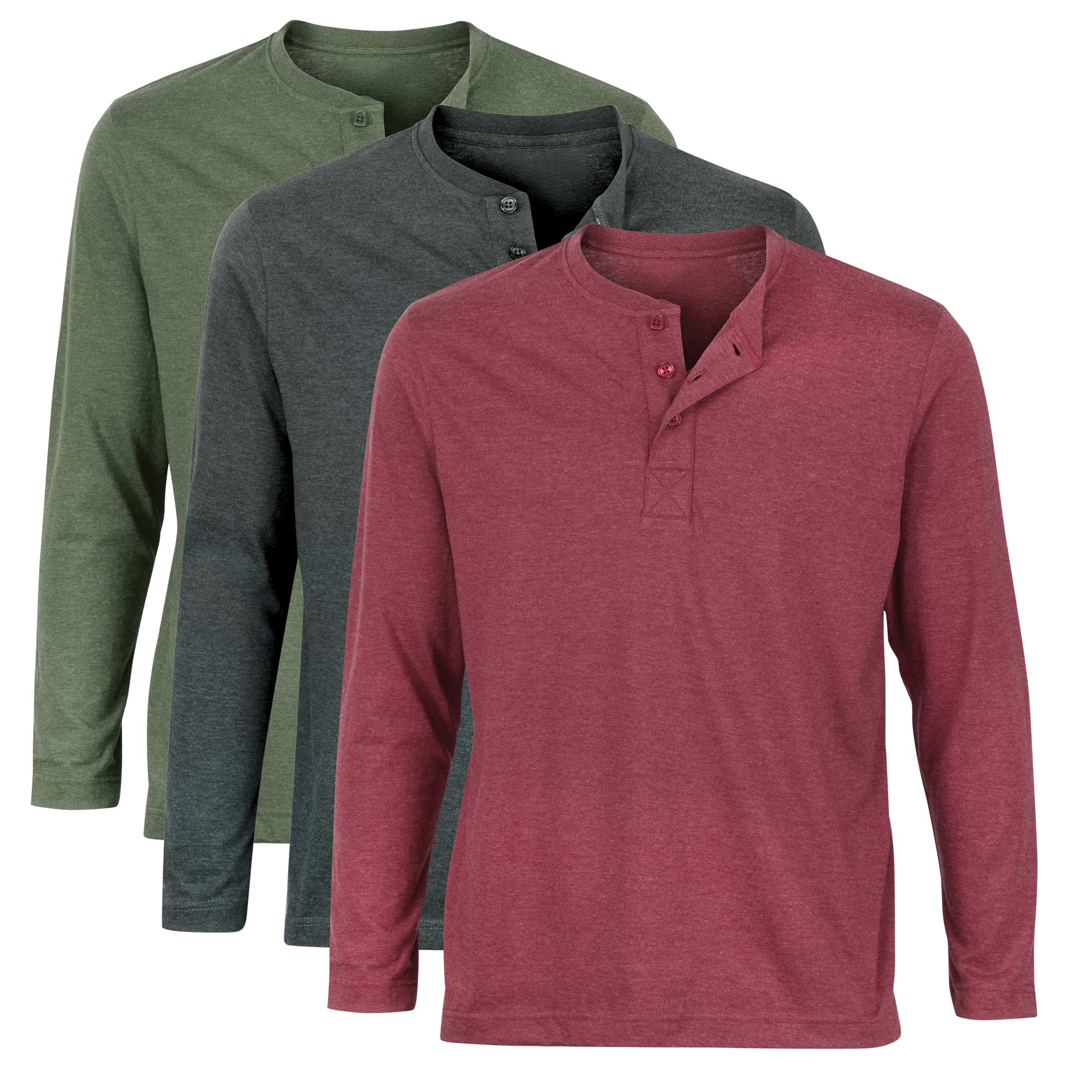Light Long-Sleeve Henley - 3 Pack Charcoal/Olive/Red
