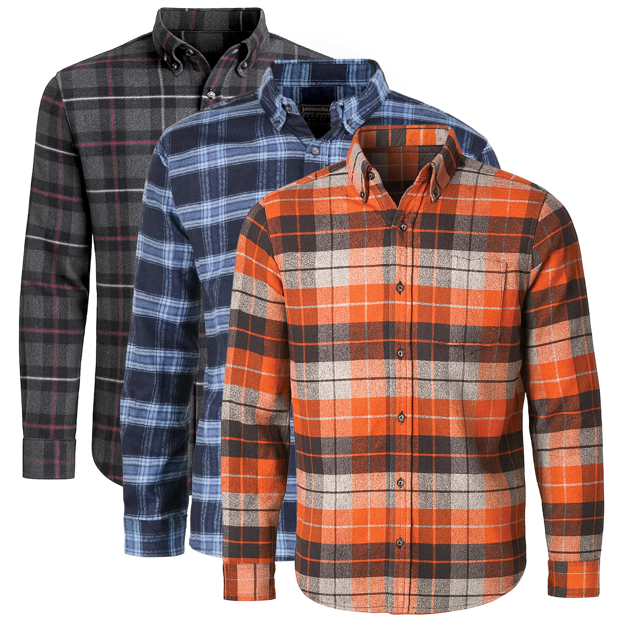 Men's Cotton Flannels - 3 Pack Black/Orange/Navy