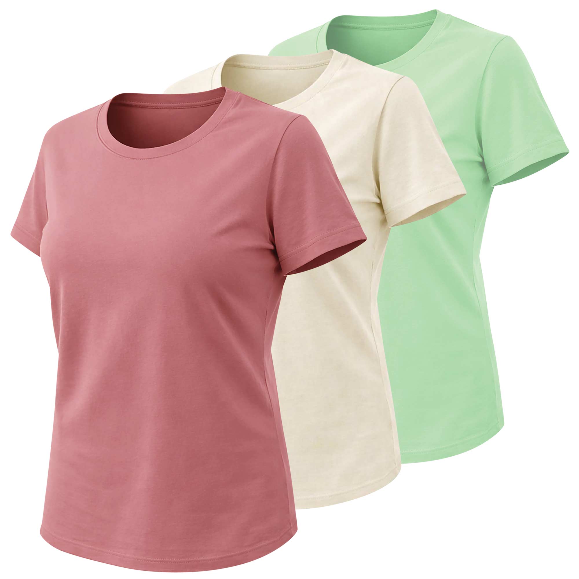 Women's Crew Neck Shirts - 3 Pack Natural/Wither Rose/Key Largo