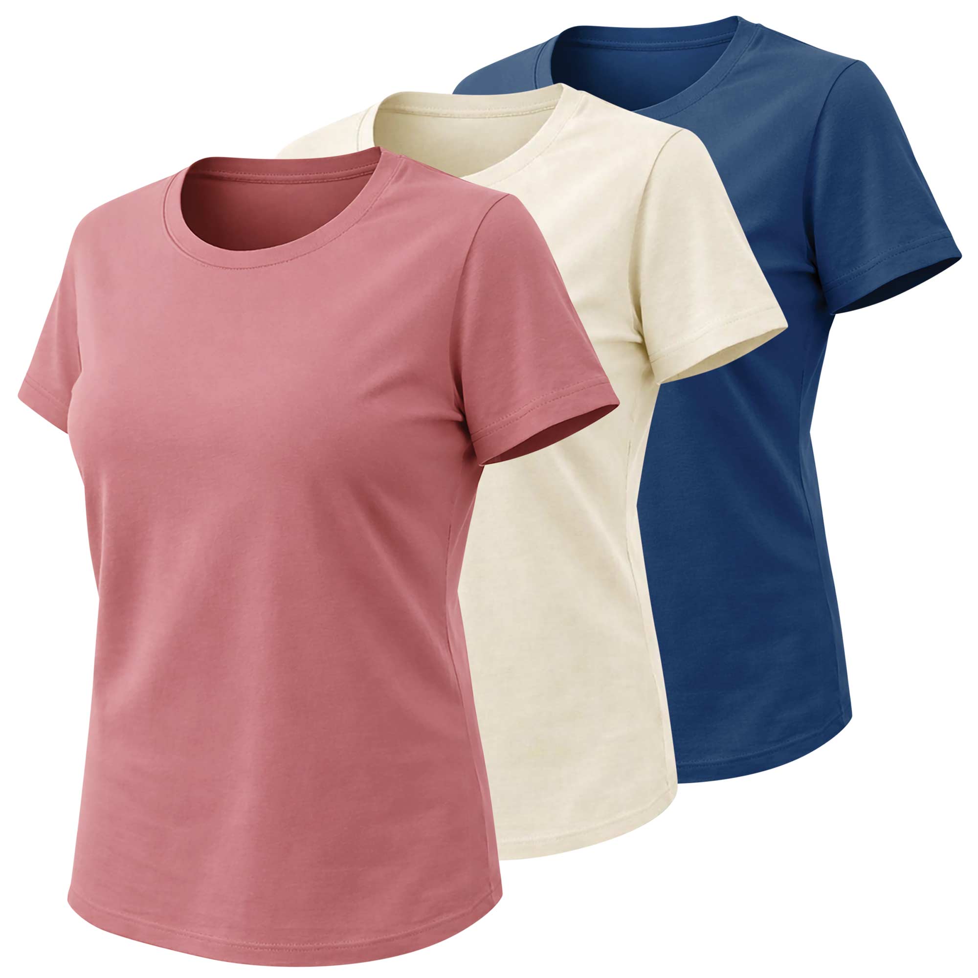 Women's Crew Neck Shirts - 3 Pack Natural/Wither Rose/Key Largo