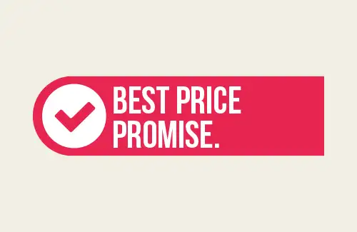 Image is a graphic that is a red bar with a checkmark in it with text saying "Best Price Promise"
