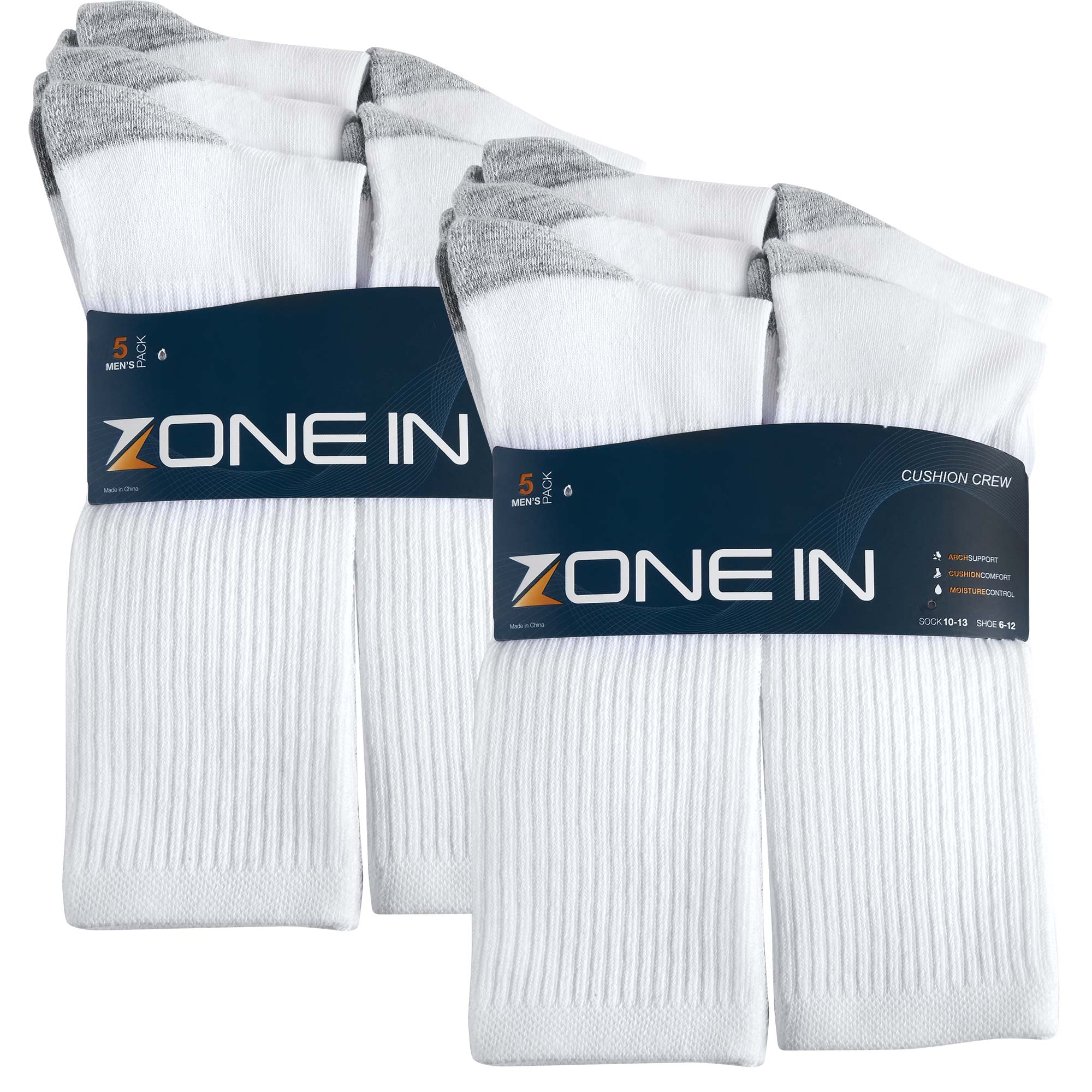 Zone-In Men's White Crew Socks - 10 Pack