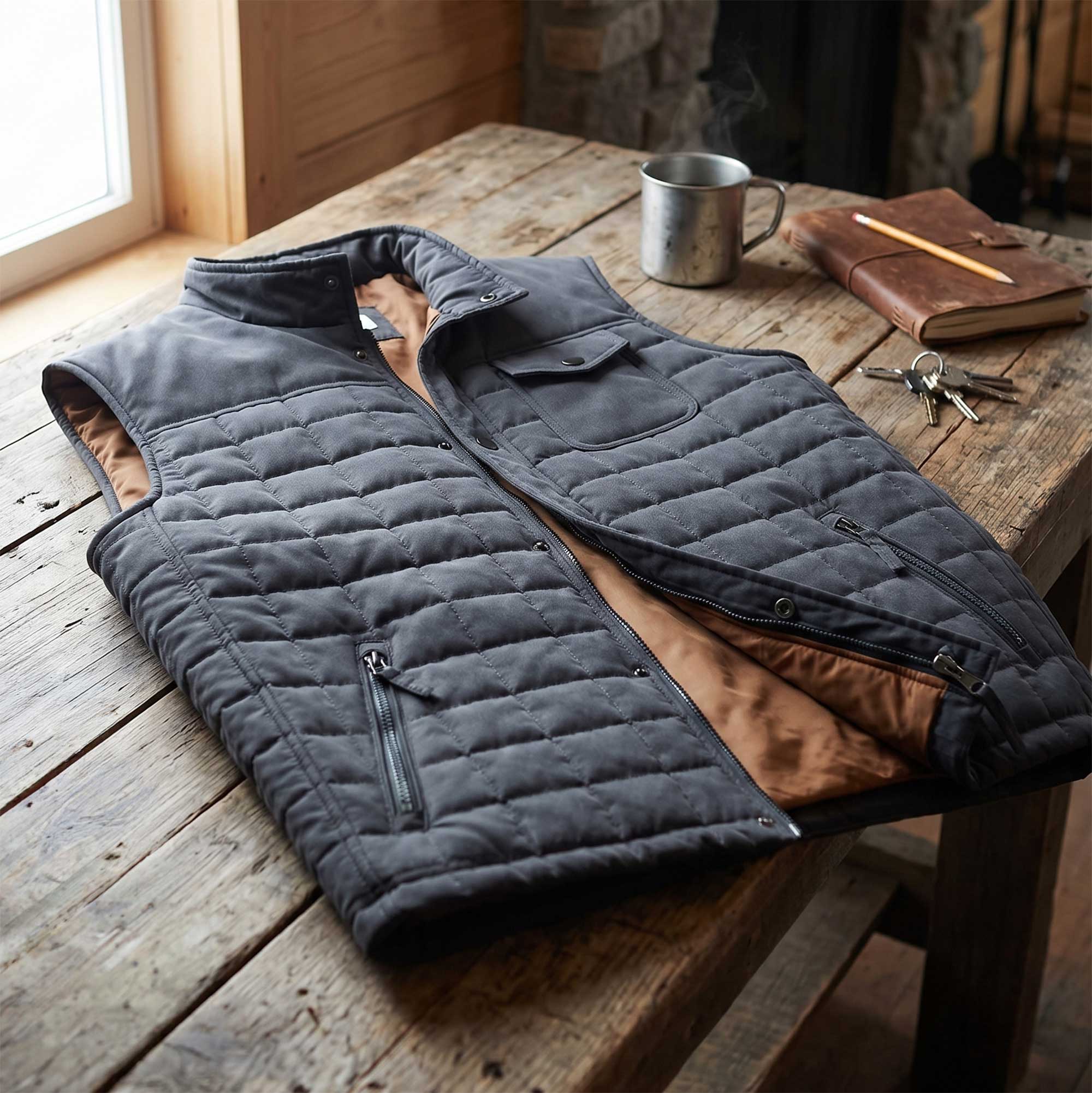 Land and Heart Quilted Vest — Black Sand fabric detail