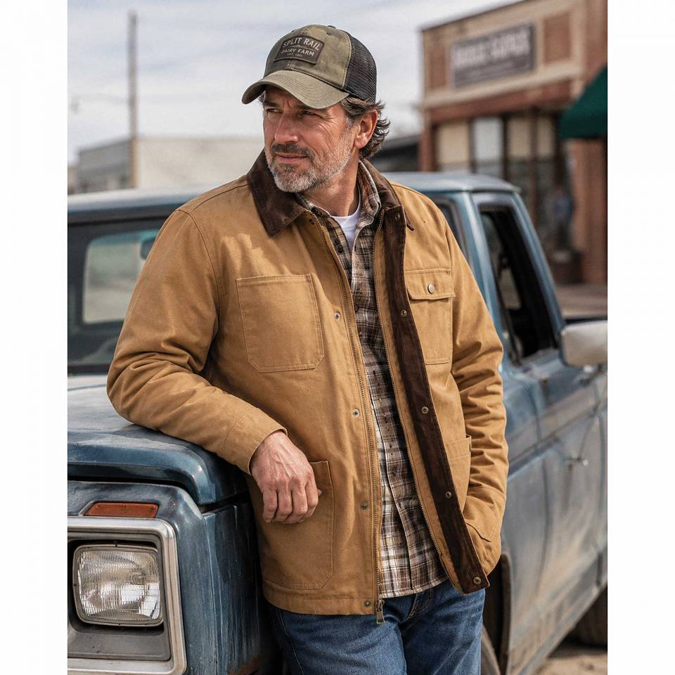 Land and Heart men's canvas barn coat worn
