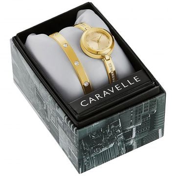 Caravelle Women's Bracelet Gold Watch and Bangle Box Set