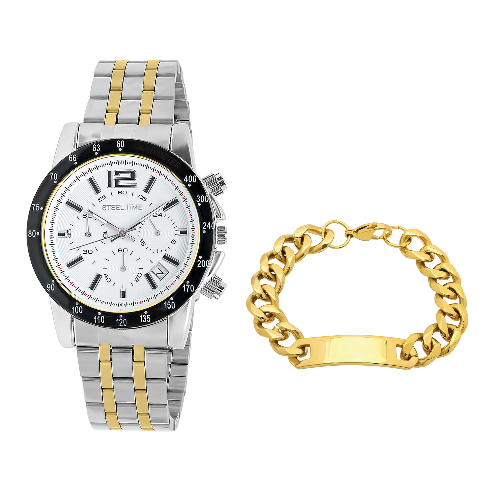 Steeltime Men's Gold Chrono Watch/Bracelet Set