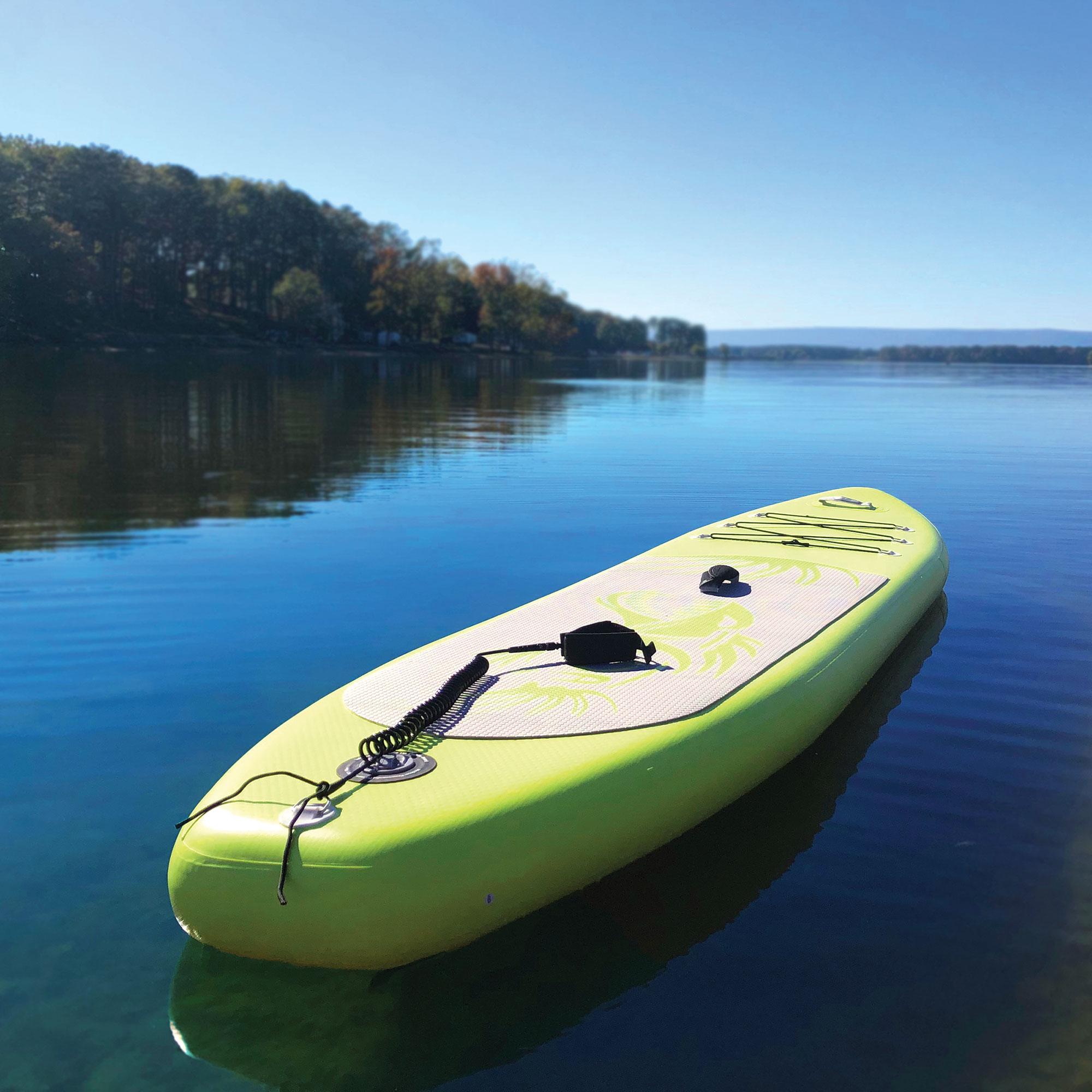 Inflatable paddle board on a lake