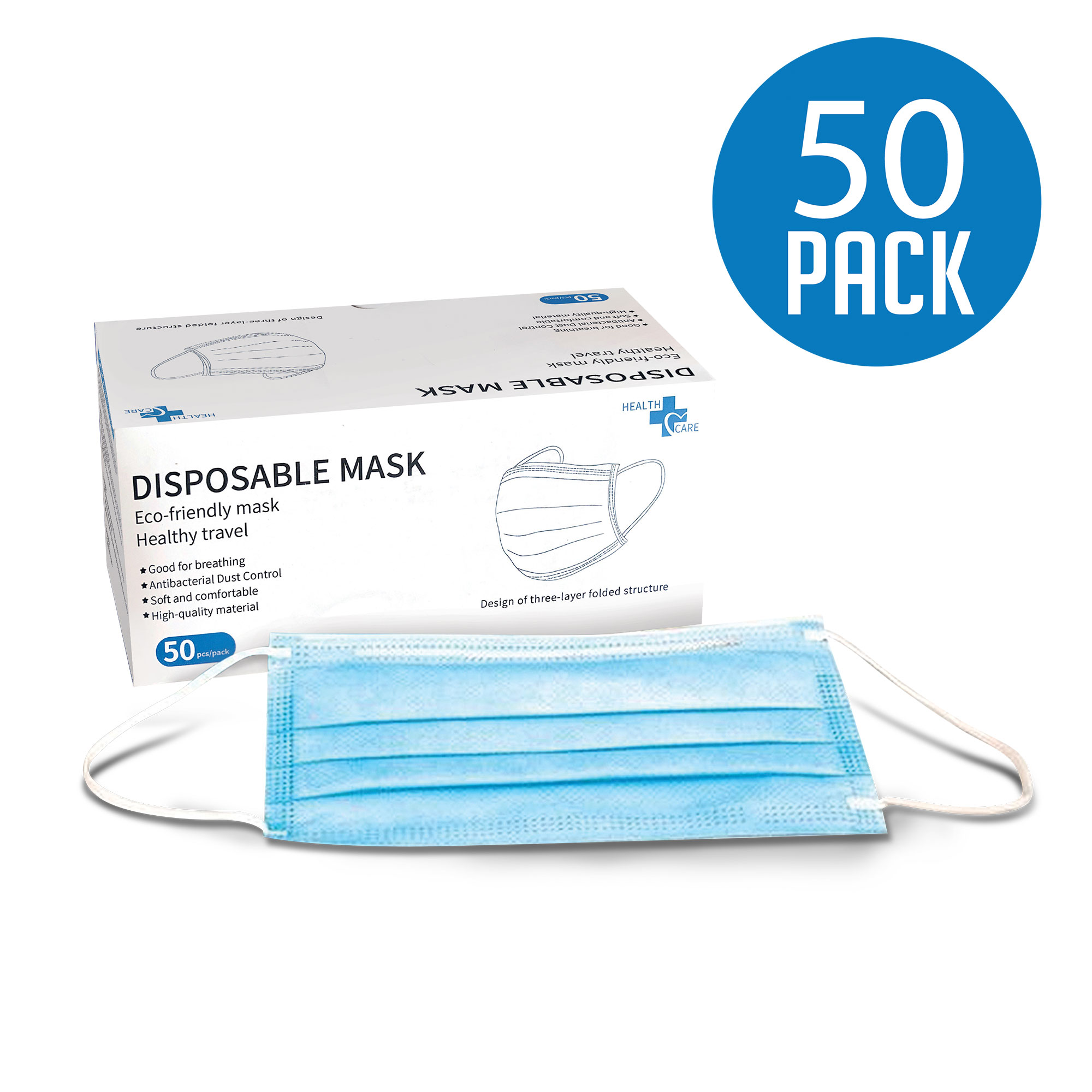 3-Ply Disposable Face Masks - 50 Pack