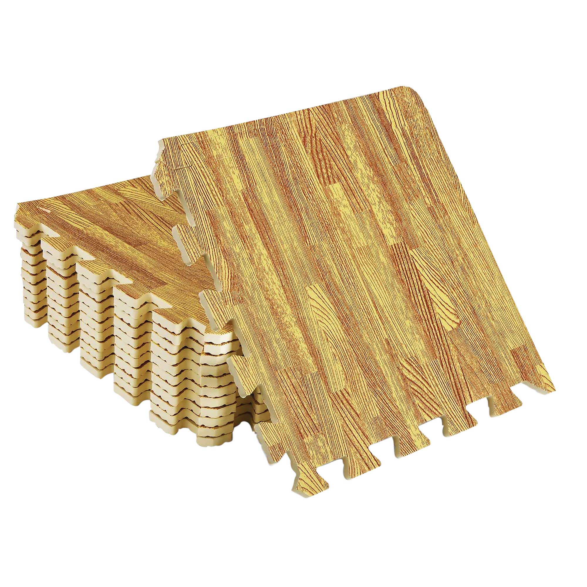 Interlocking Faux Wood Floor Mats with Finishing Borders - 12 Pack