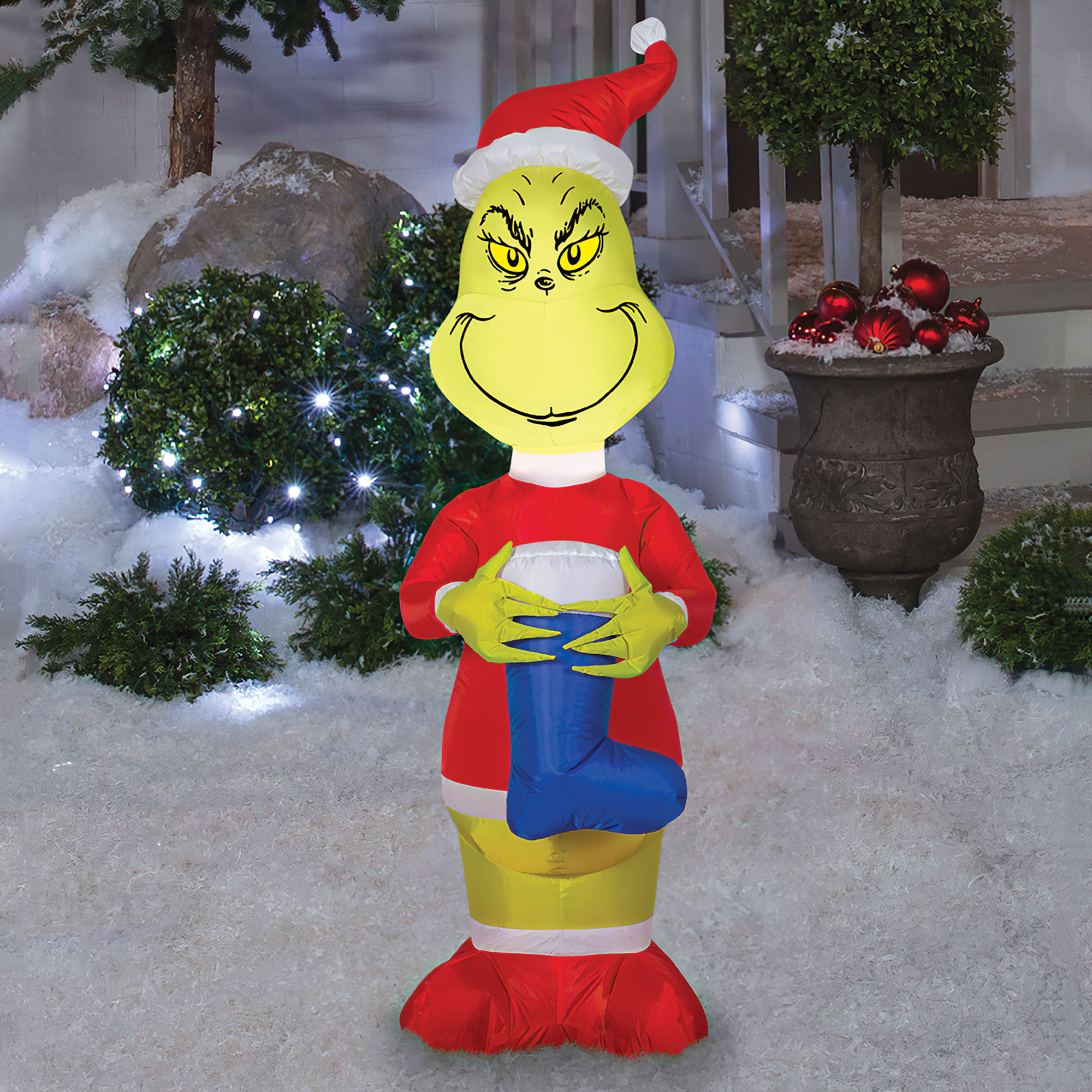 Inflatable 4 foot Grinch With Stocking