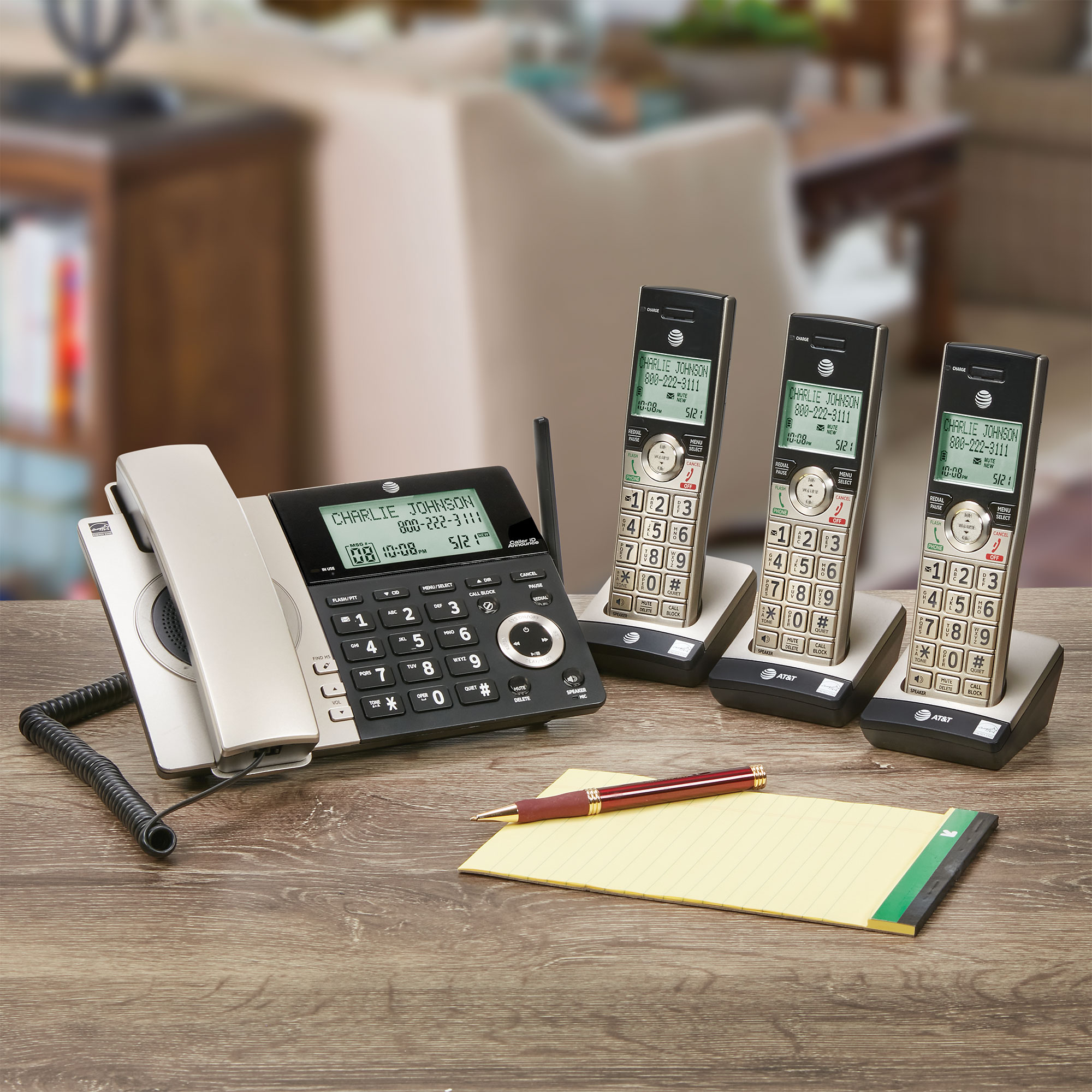 AT&T Corded Phone Base with 3 Cordless Handsets