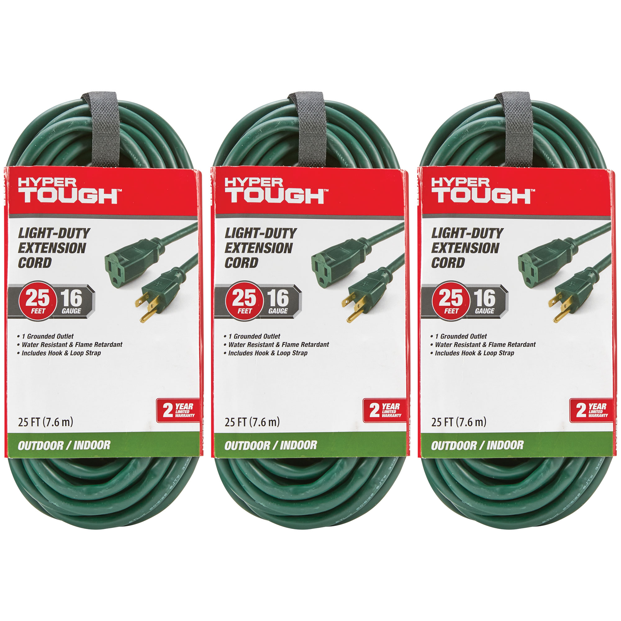 Hyper Tough 25' In/Outdoor Extension Cord - 3 Pack Green