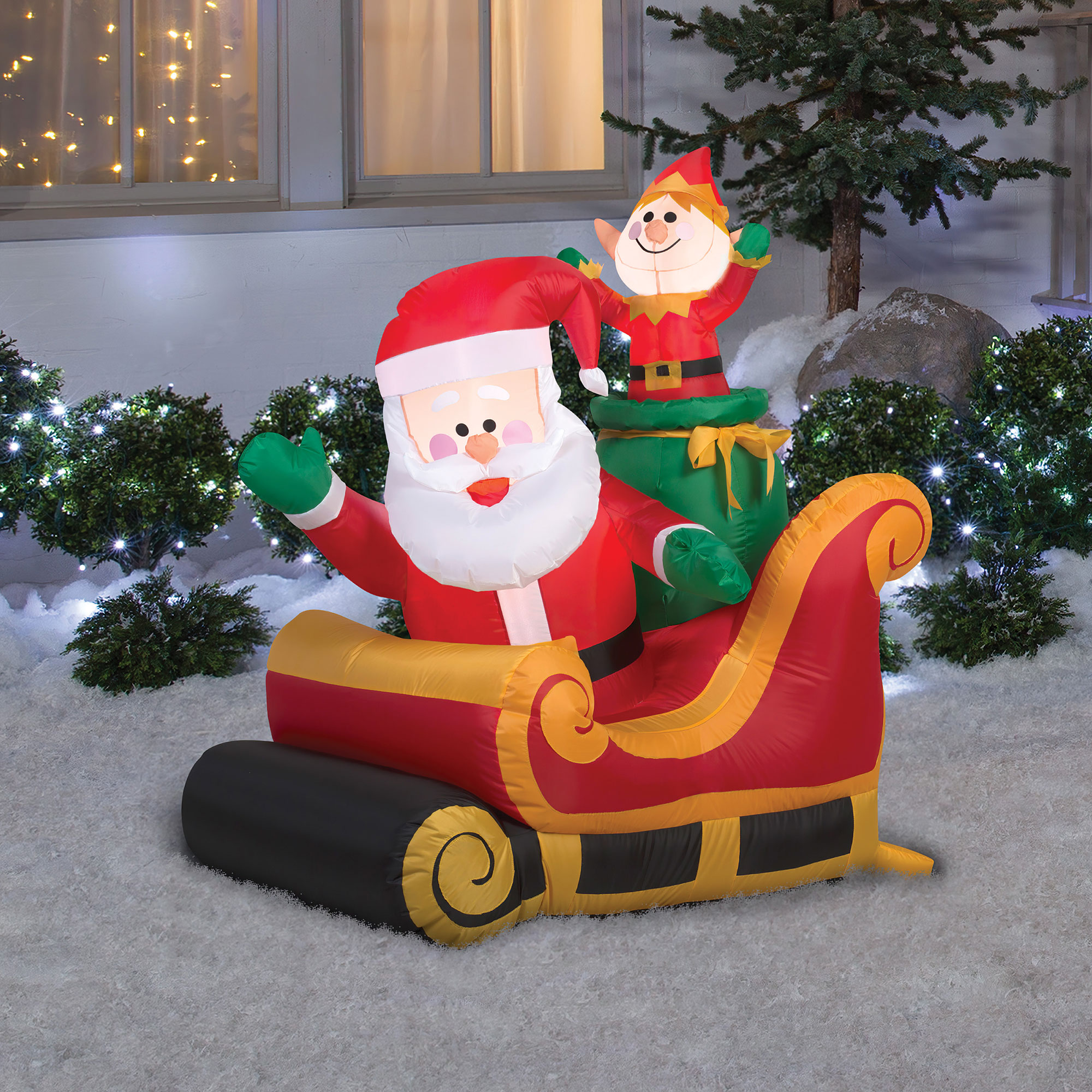 Inflatable Santa & Elf in Sleigh Holiday Decoration