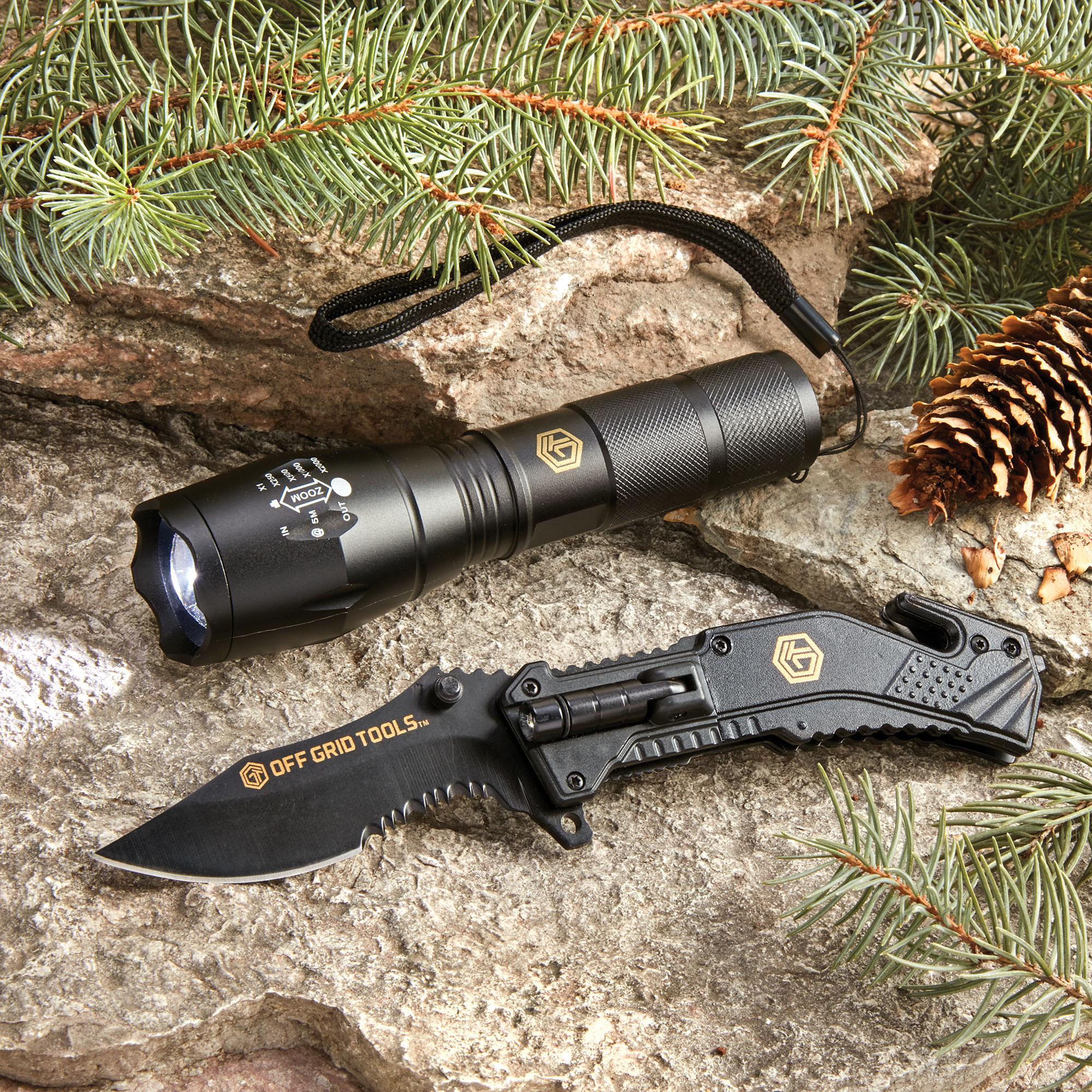 Off Grid Tools Survival Flashlight and Knife Bundle