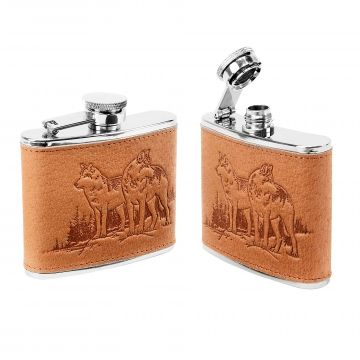 Leather-Wrapped 4 oz. Wolf Flask - 2 Pack