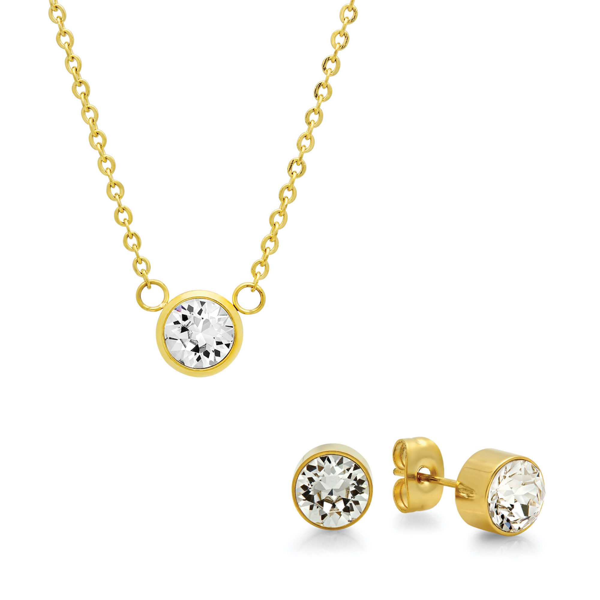 Steeltime Solitaires Necklace and Earring Set - Gold