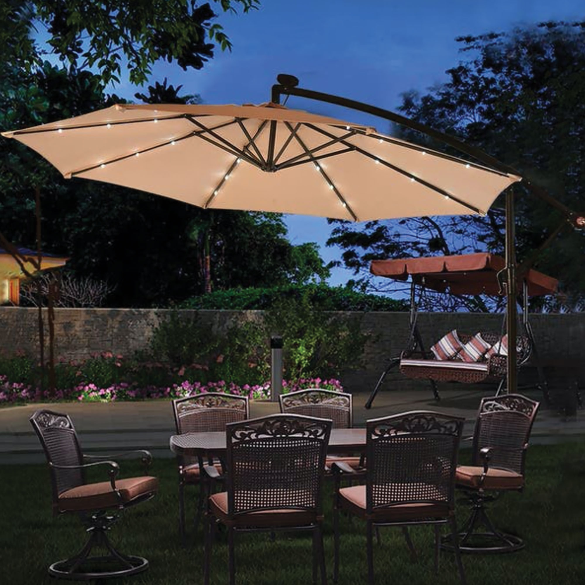 10 Foot Cantilever Umbrella with LED Lights - Color Beige