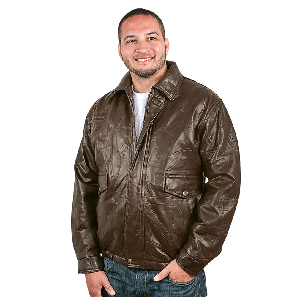 M. Collection Brown Patch Leather Bomber Jacket