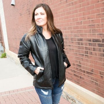 Women's Patch Black Leather Jacket